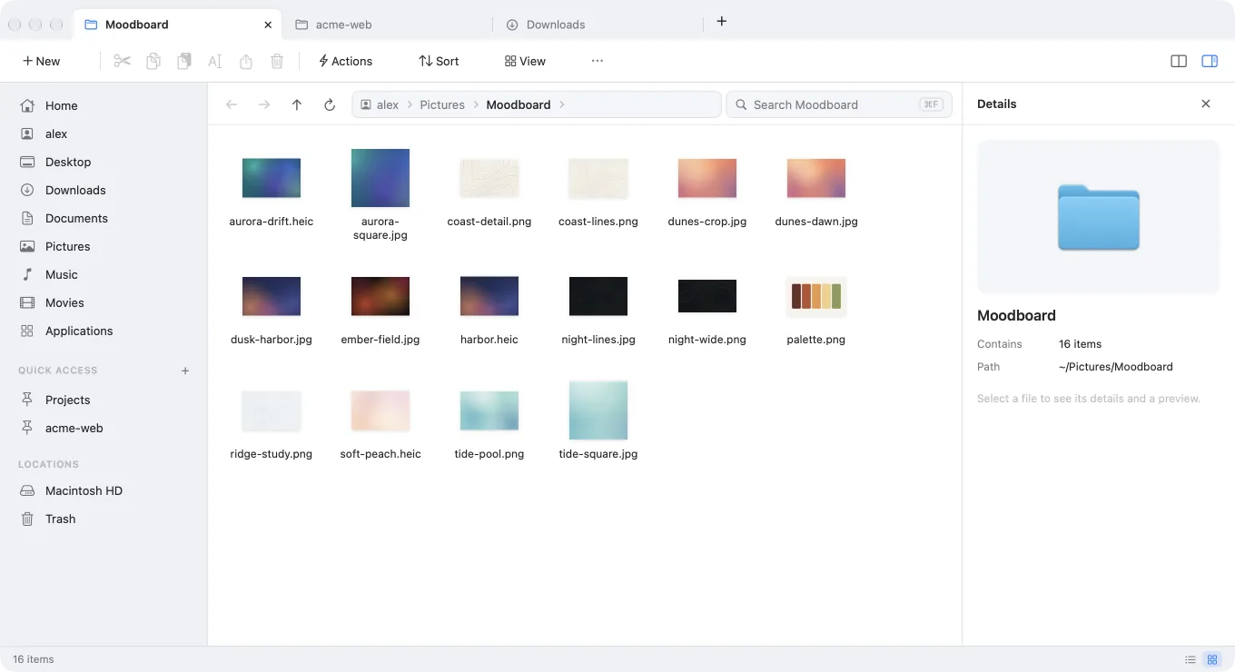 MacScout in grid view, with thumbnails of the images in a folder and the details panel on the right.